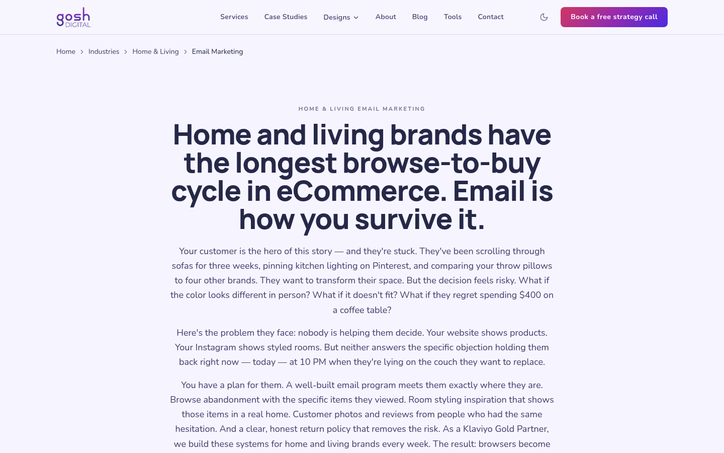 GOSH Digital home and decor service page showing its marketing offer