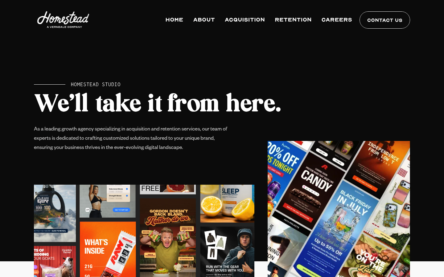 Homestead Studio agency homepage showing its marketing offer
