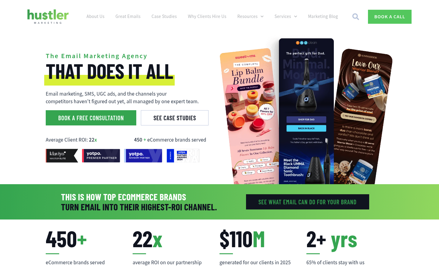 Hustler Marketing agency homepage showing its marketing offer