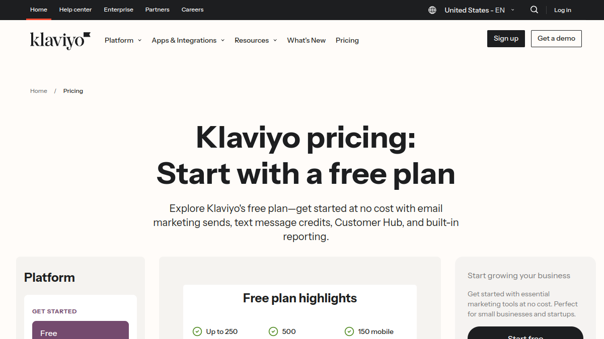 Klaviyo pricing page showing plan tiers for eCommerce brands