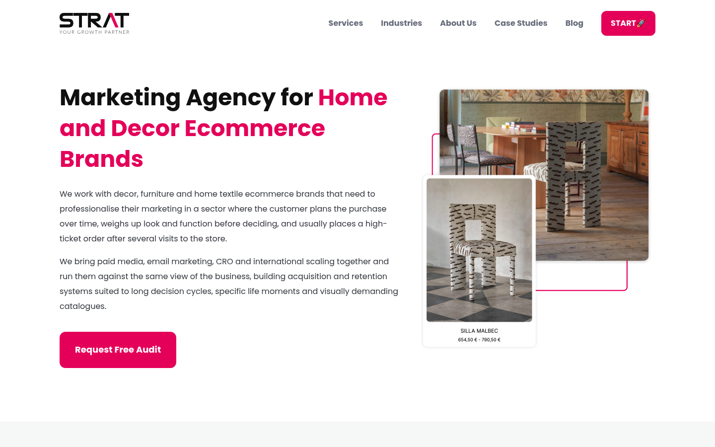 STRAT home and decor service page showing its marketing offer
