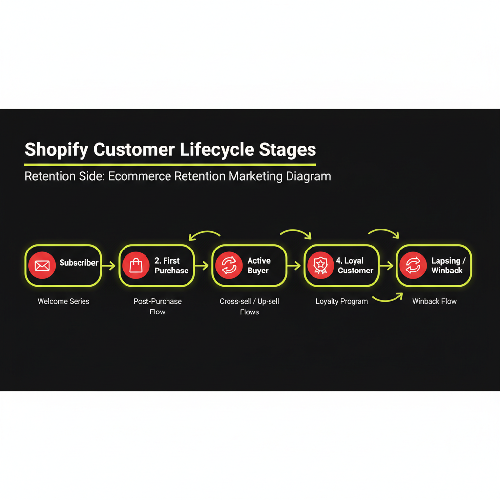 Shopify customer lifecycle stages - from subscriber to loyal buyer with flows mapped at each stage
